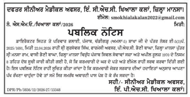 Public Notice: Disciplinary Action Inquiry Notice by SMO In-Charge CHC Khiala Kalan, Mansa