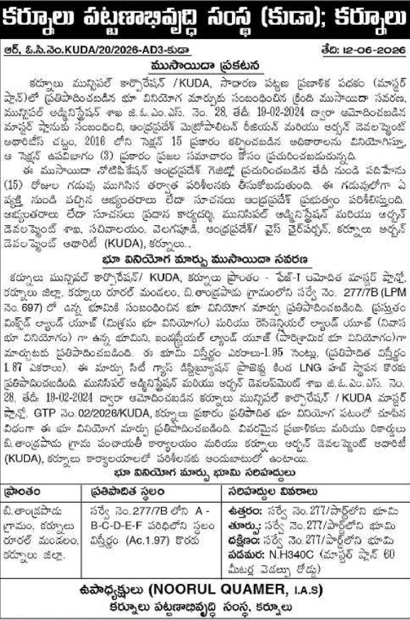 Public Notice: Draft Master Plan Land Use Change KUDA Kurnool