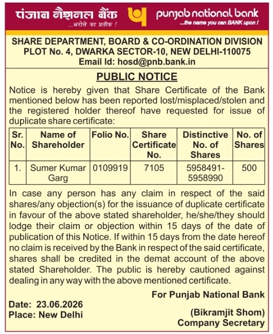 Public Notice: Duplicate Share Certificate Request by Punjab National Bank