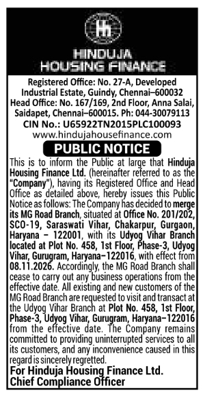 Public Notice for Branch Merger by Hinduja Housing Finance