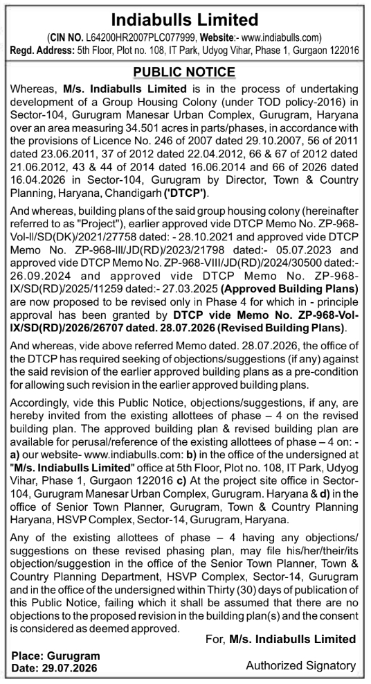 Public Notice for Building Plan Revision by Indiabulls Limited