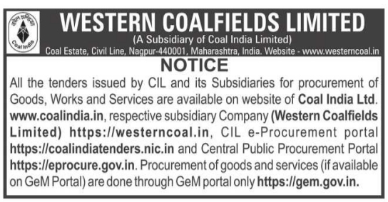 Public Notice for Centralized Tender Procurement Portals by Western Coalfields Limited