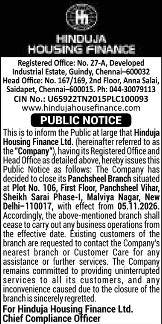 Public Notice for Closure of Panchsheel Branch by Hinduja Housing Finance