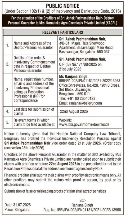 Public Notice for Individual Insolvency Resolution Process
