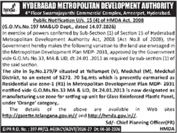 Public Notice for Land Use Variation by HMDA Medchal
