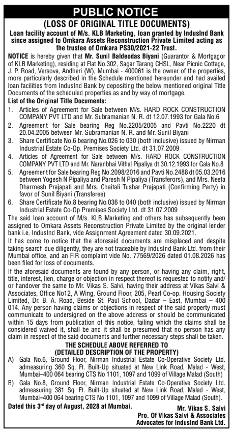 Public Notice for Loss of Original Title Documents by Omkara ARC