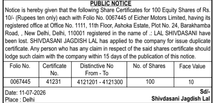 Public Notice for Lost Share Certificates: Eicher Motors Limited