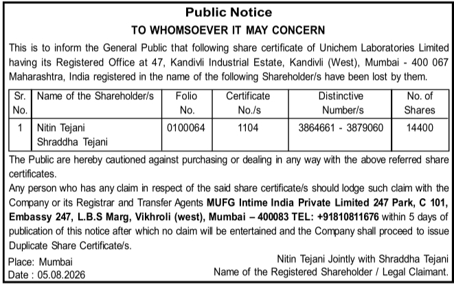 Public Notice for Lost Unichem Share Certificates