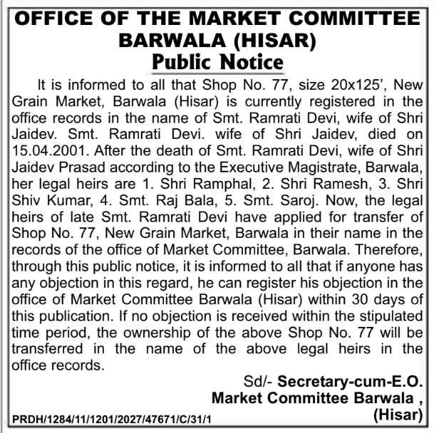Public Notice for Ownership Transfer of Market Shop No. 77
