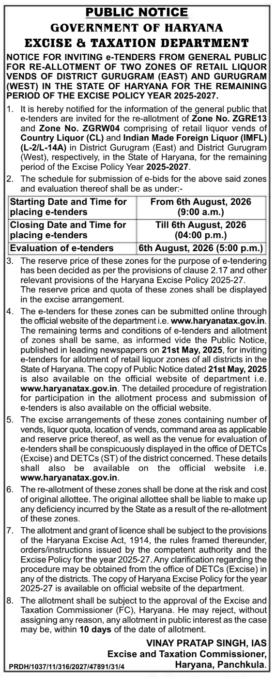 Public Notice for Re-Allotment of Retail Liquor Vends