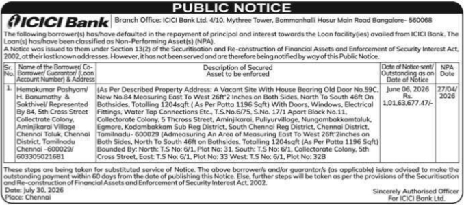 Public Notice for Substituted Service of Notice by ICICI Bank