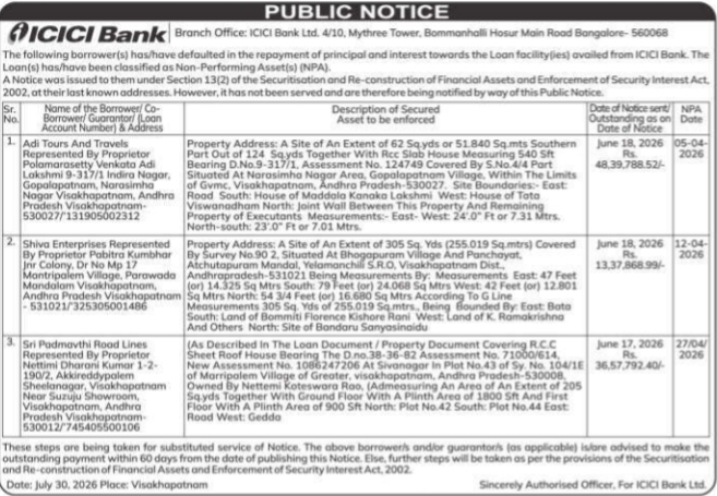 Public Notice for Substituted Service of Notice by ICICI Bank
