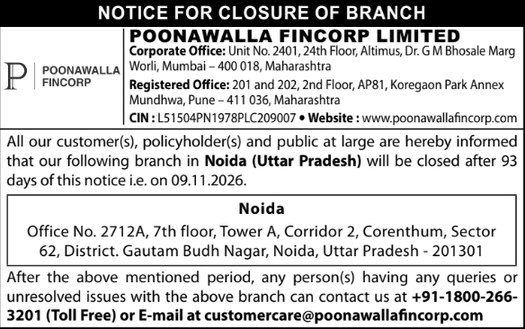 Public Notice for the Permanent Closure of Noida Branch by Poonawalla Fincorp