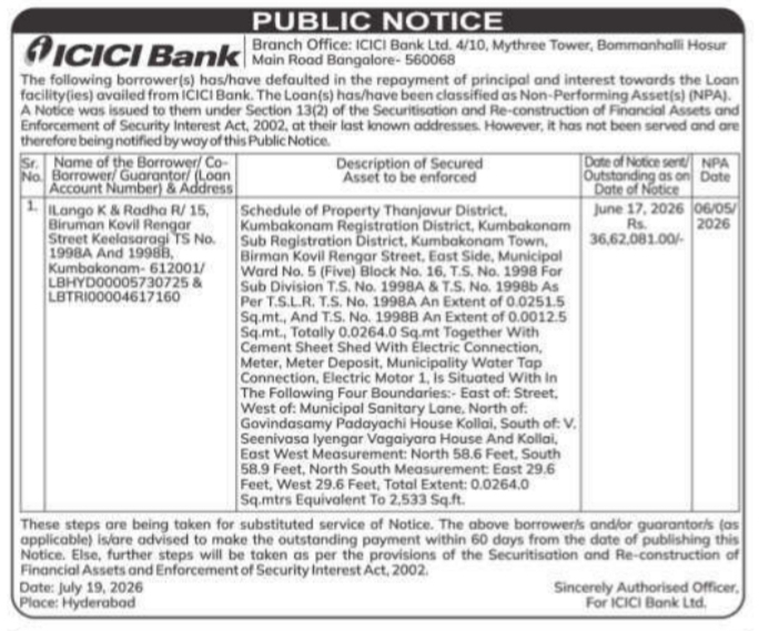Public Notice: ICICI Bank Loan Default Notice