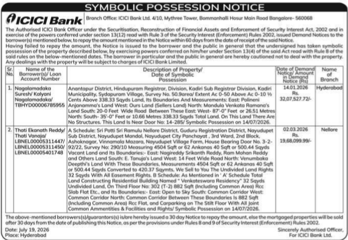 Public Notice: ICICI Bank Symbolic Possession