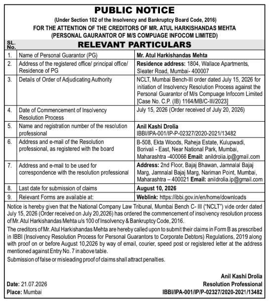 Public Notice: Insolvency Resolution Process & Creditor Claims