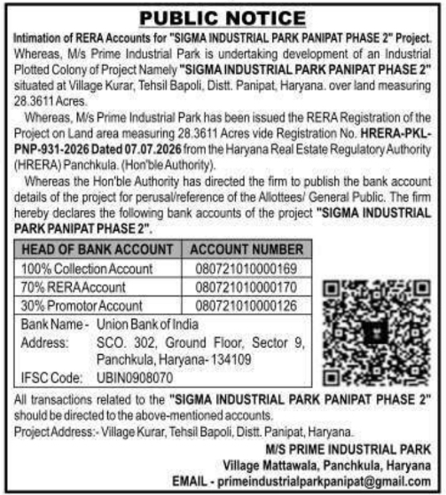 Public Notice: Intimation of RERA Bank Accounts