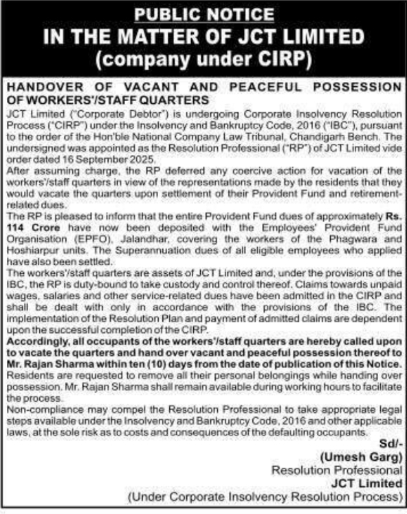 Public Notice: JCT Limited Insolvency Resolution