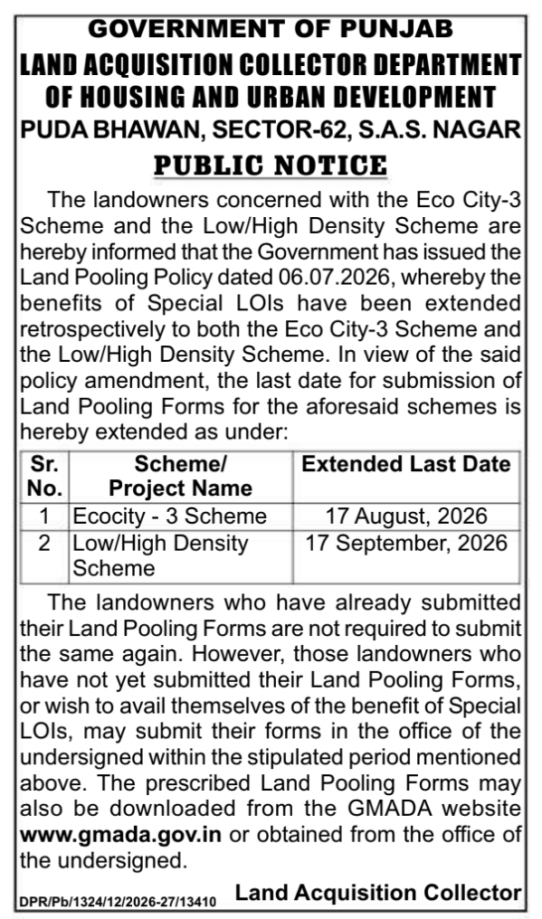 Public Notice: Land Pooling Deadline Extensions for Greater Mohali Area Development Authority