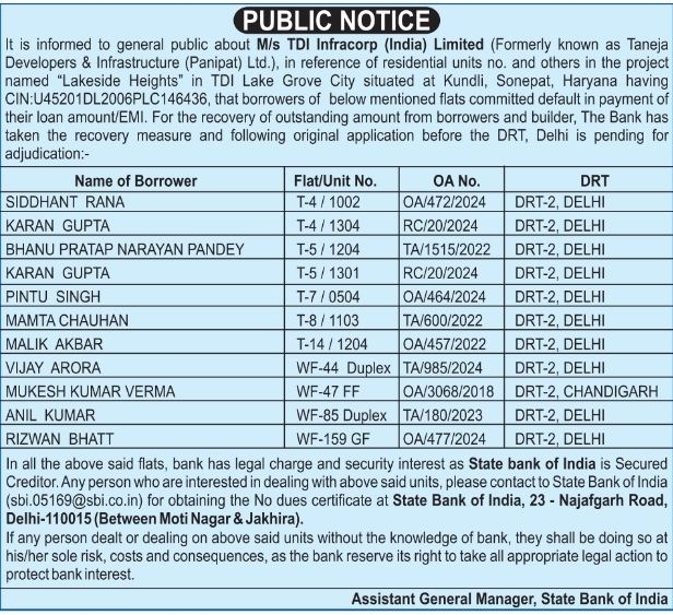 Public Notice: Loan Default and Recovery Action by State Bank of India