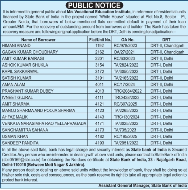 Public Notice: Loan Default and Recovery Action by State Bank of India