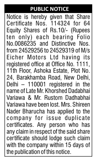 Public Notice: Loss of Share Certificate
