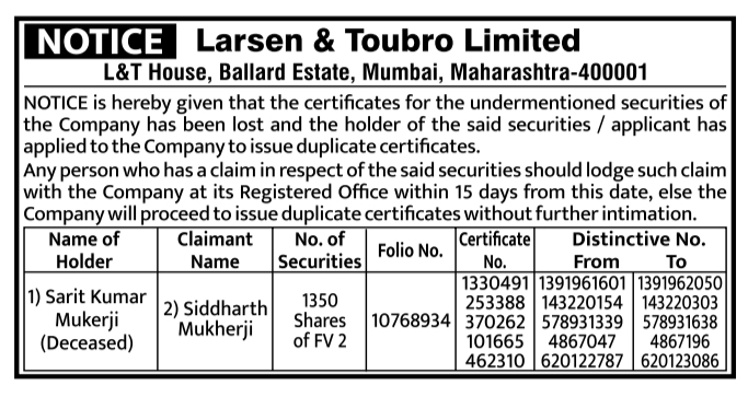Public Notice: Loss of Share Certificates