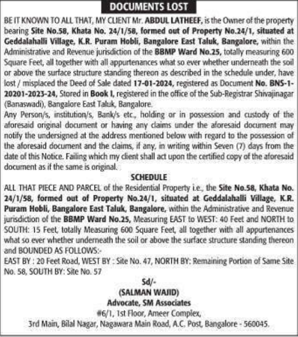 Public Notice: Lost Sale Deed Document SM Associates