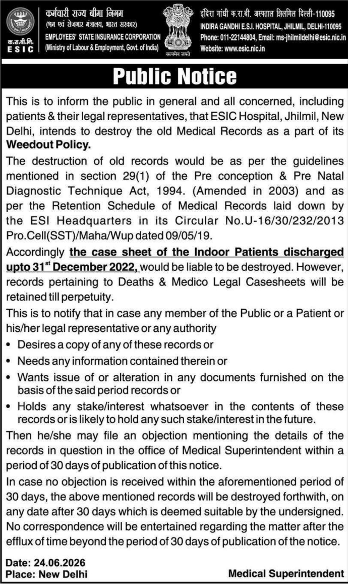Public Notice: Medical Records Destruction by ESIC Hospital Jhilmil