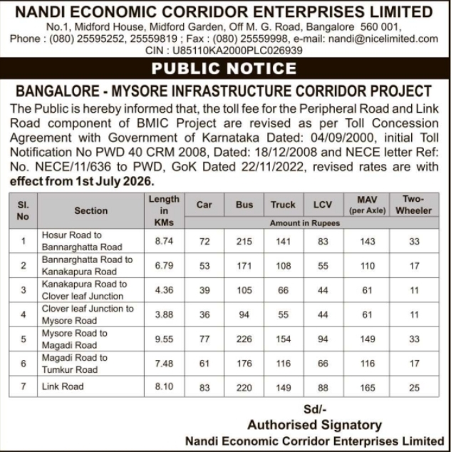 Public Notice: NICE Road Toll Tariff Revision