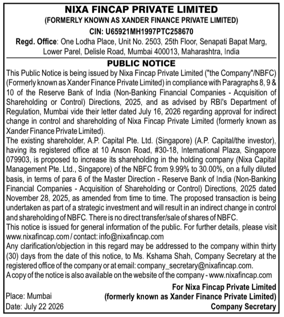 Public Notice: Nixa Fincap Shareholding Indirect Change