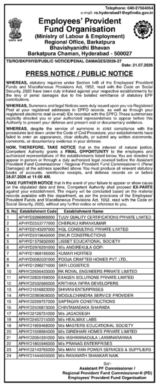 Public Notice: Penal Damages Inquiry Hearings
