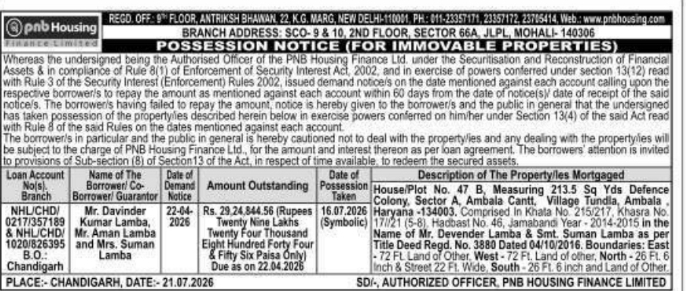 Public Notice: Possession Notice for Immovable Properties