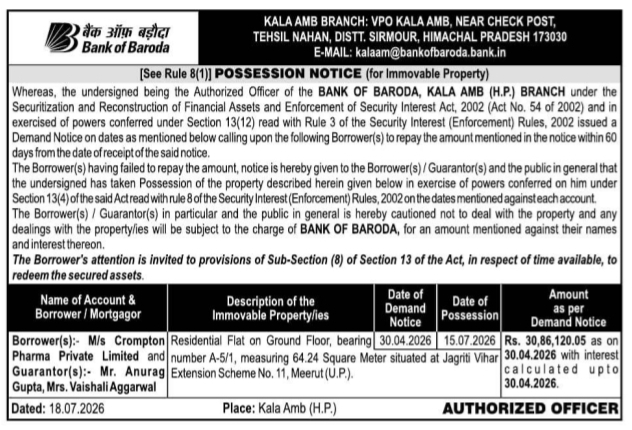 Public Notice: Possession of Immovable Property for Loan Default