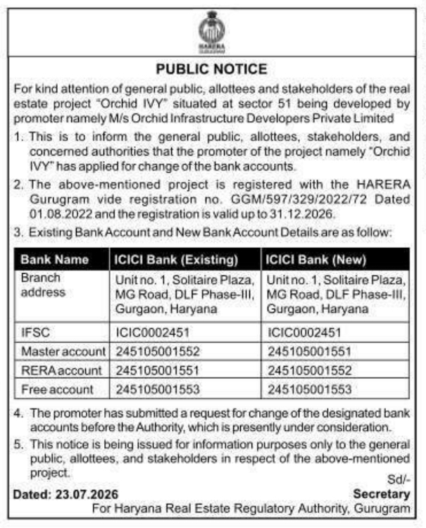 Public Notice: Project Bank Account Change Request (HARERA Gurugram)