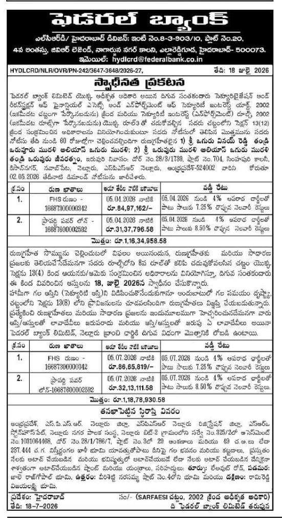 Public Notice: Property Seizure at Federal Bank Hyderabad Division