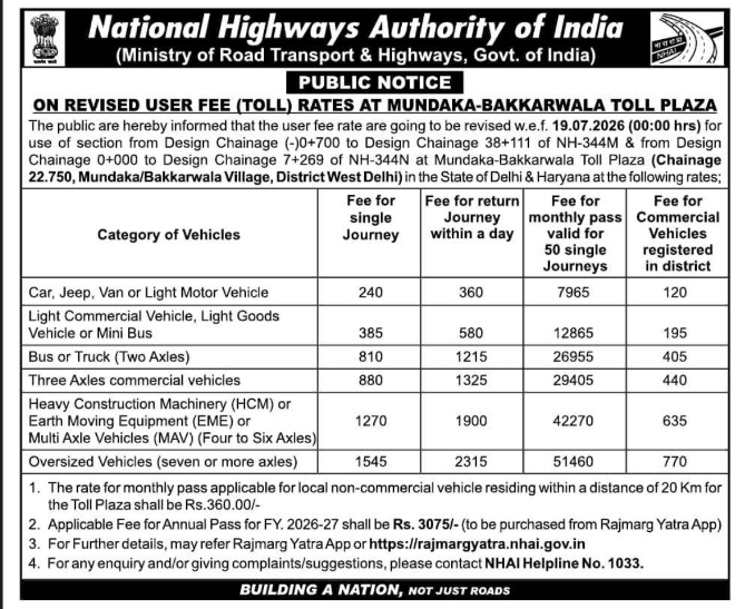Public Notice: Revised Toll Fee Rates at Mundaka-Bakkarwala Toll Plaza
