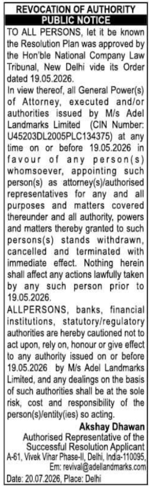 Public Notice: Revocation of Power of Attorney and Authority