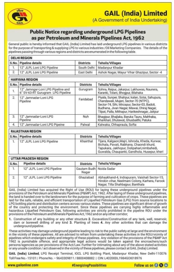 Public Notice: Safety Guidelines for Underground LPG Pipelines