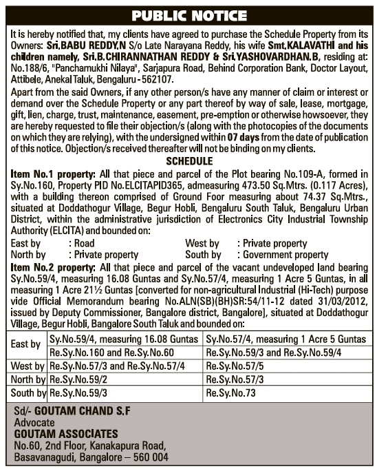 Public Notice: Schedule Property Purchase and Objections