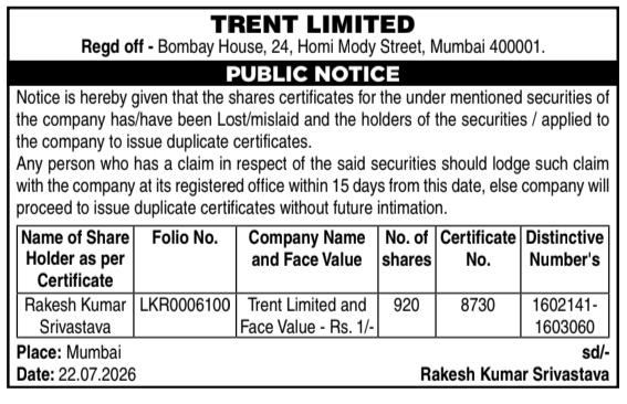 Public Notice: Share Certificate Loss Claim