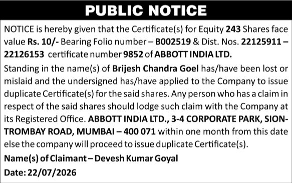 Public Notice: Share Certificate Loss Claim