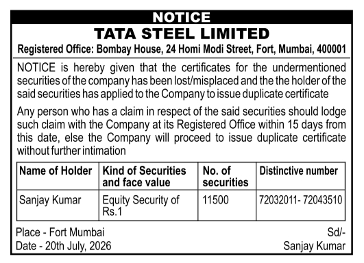 Public Notice: Share Certificate Loss & Duplicate Application