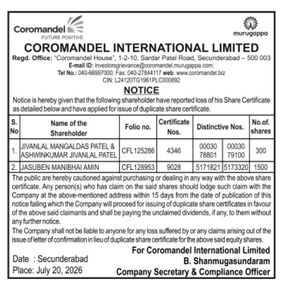 Public Notice: Share Certificate Loss & Duplicate Application