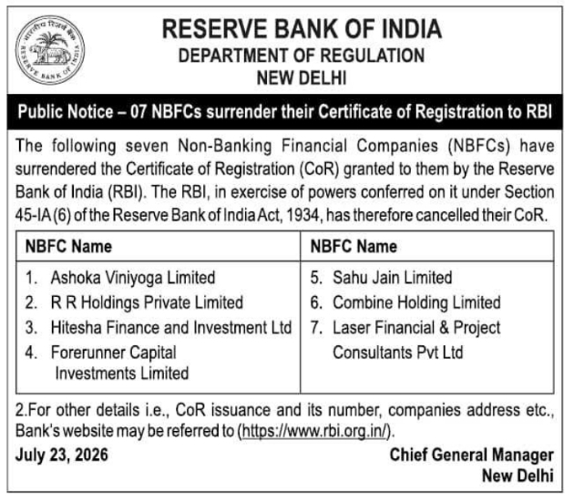 Public Notice: Surrender of Certificate of Registration by 07 NBFCs