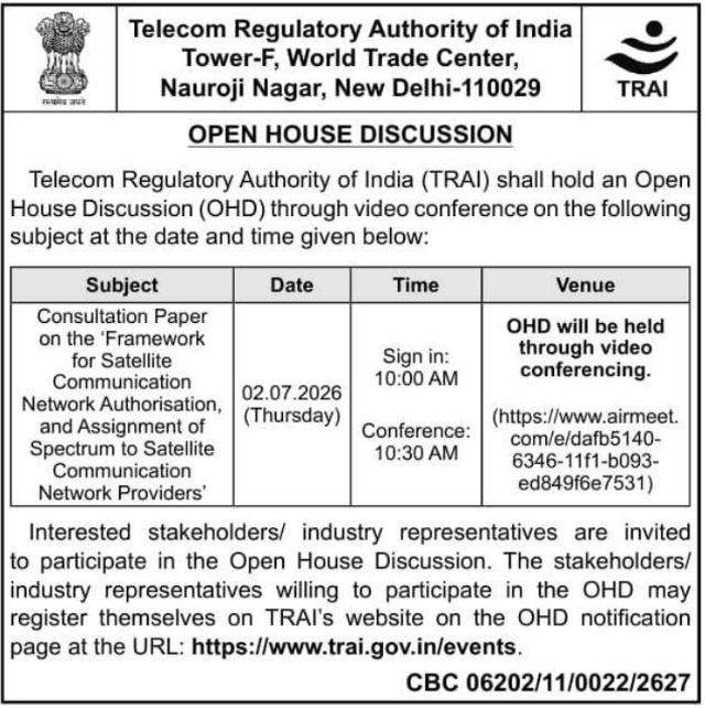 Public Notice: TRAI Satellite Spectrum Open House Discussion