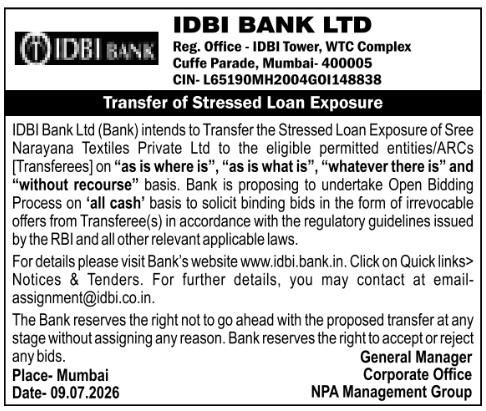 Public Notice: Transfer of Stressed Loan Exposure, IDBI Bank Ltd.