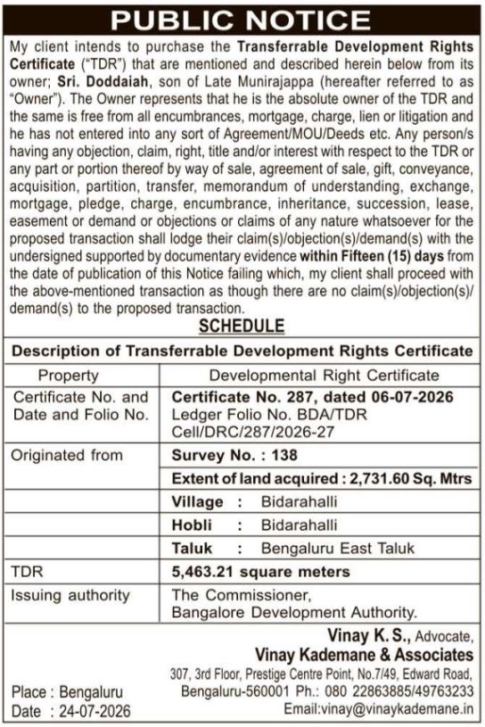Public Notice: Transferable Development Rights Acquisition (Certificate No. 287)