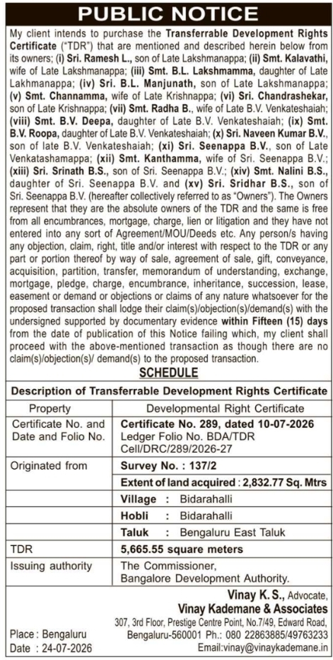 Public Notice: Transferable Development Rights Acquisition (Certificate No. 289)