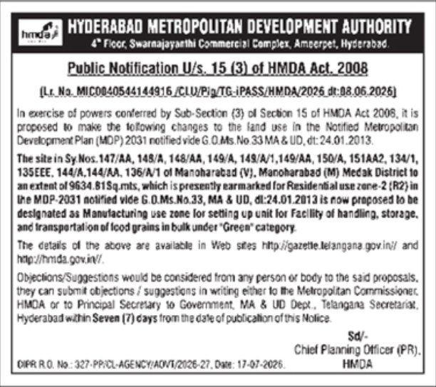 Public Notification: Land Use Change Work HMDA, Manoharabad